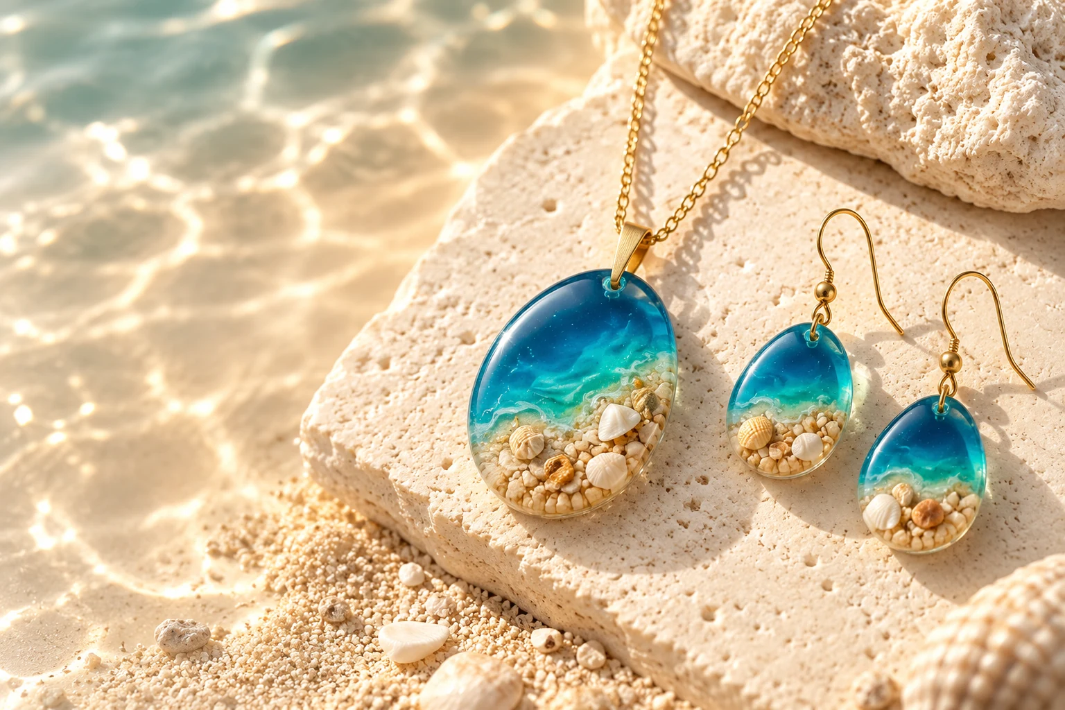 Maremoria resin-art jewelry concept inspired by beach sand and coastal materials